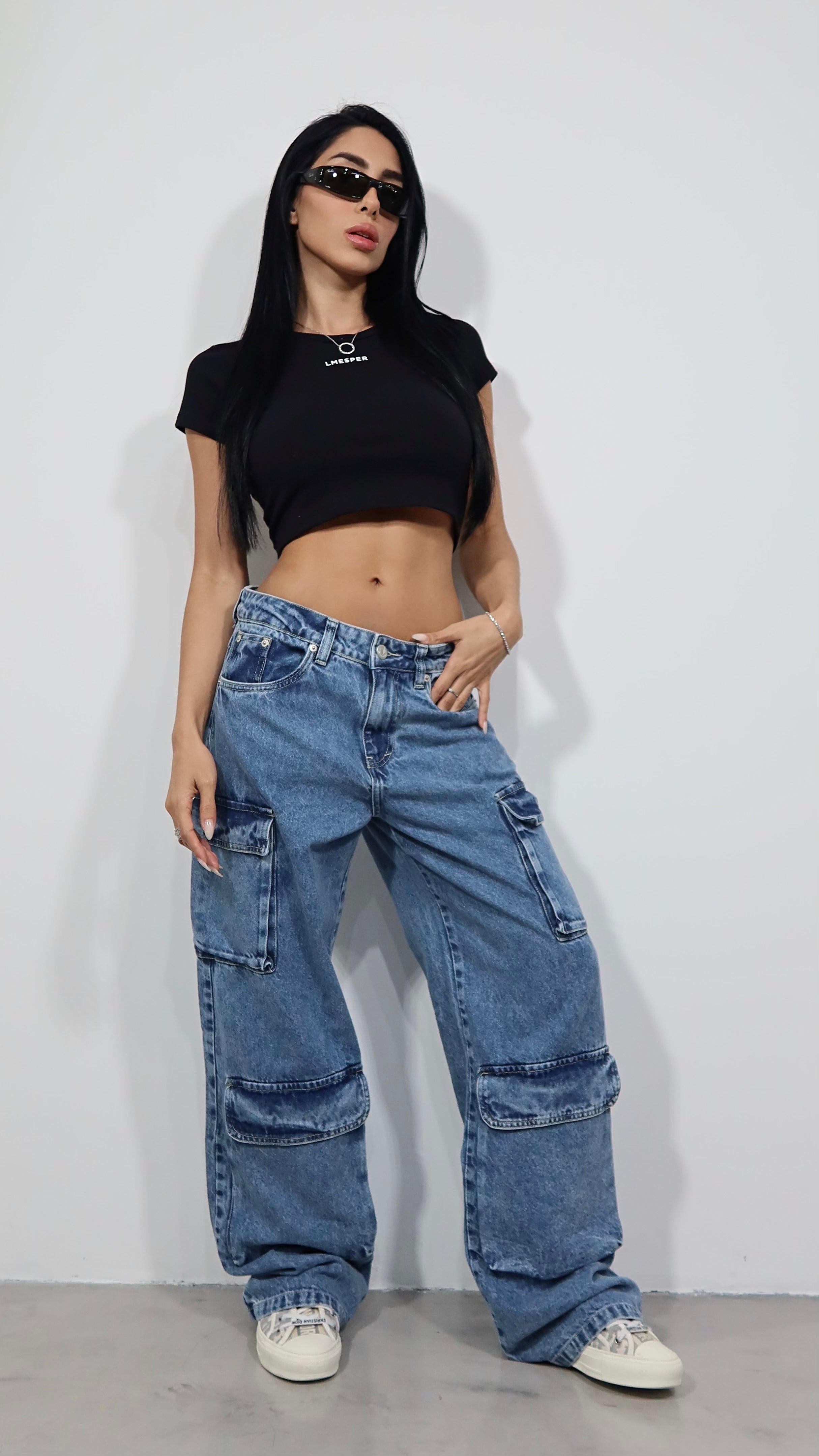 cropped jeans com brilho alça fina azul médio