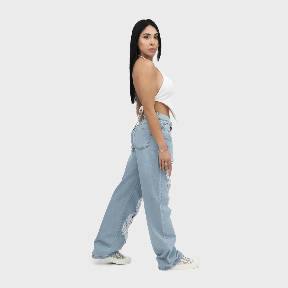 Calça jeans oversized com cintura larga e perna larga, azul claro