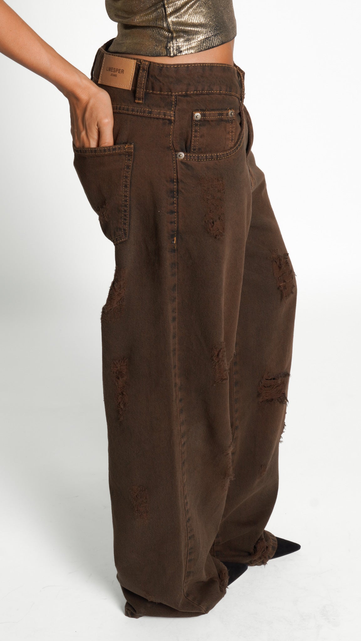 CALÇA JEANS OVERSIZED BROWN RIPPED