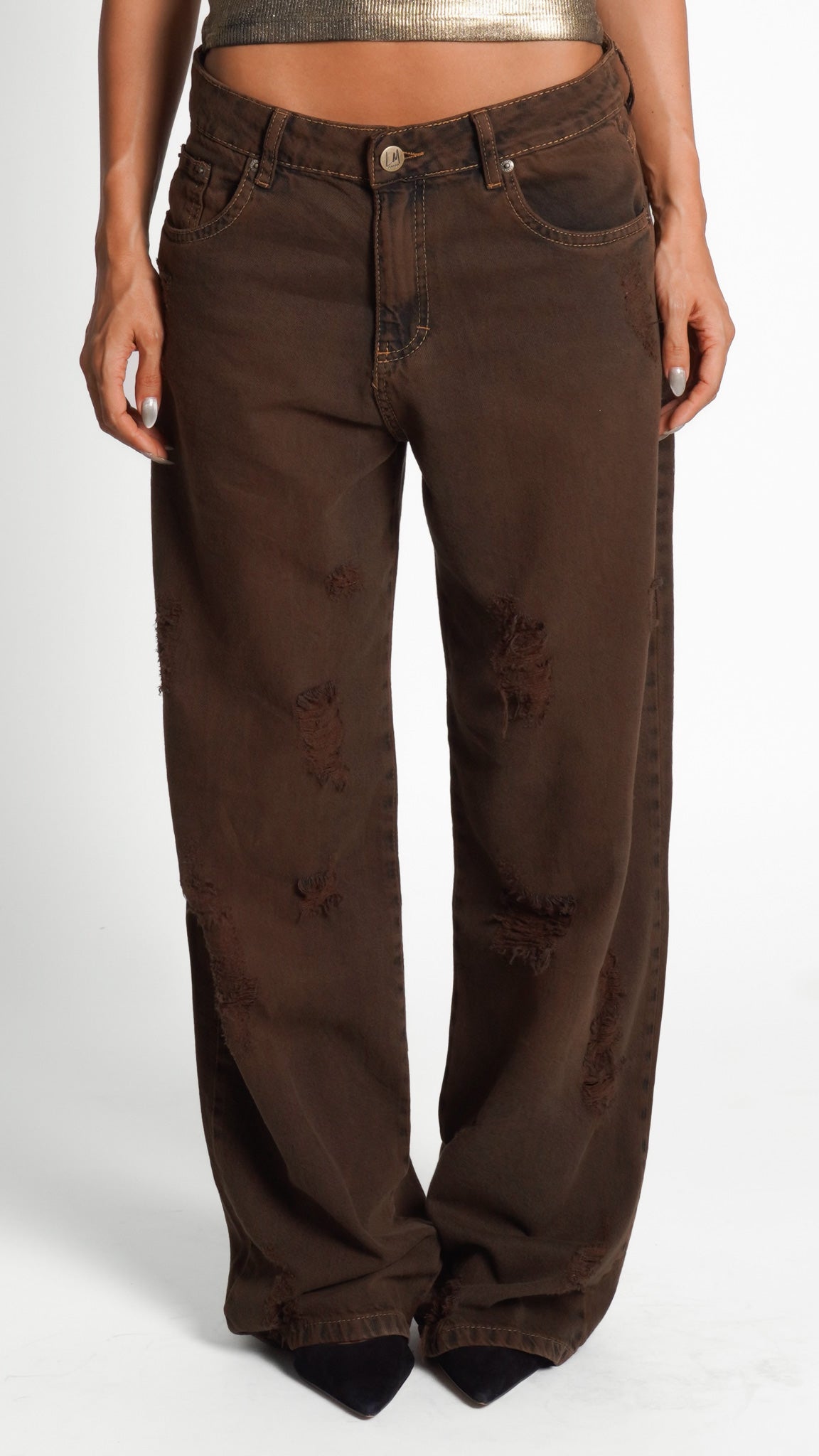 CALÇA JEANS OVERSIZED BROWN RIPPED